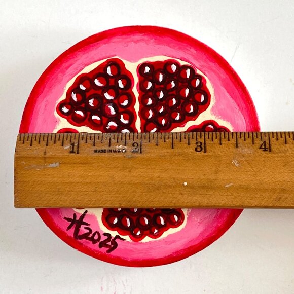 Fancy Fruit Pomegranate Original Acrylic Painting on Wood Round 4in Desk or Wall - Picture 5 of 6